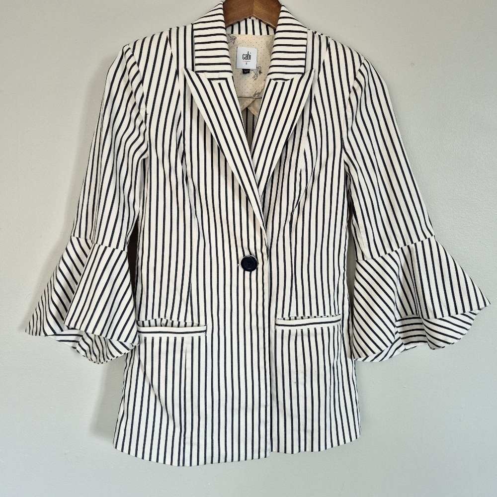 CAbi Cotton One Button 3/4 Bell Sleeve Blue White Stripe Jacket Blazer Size 2